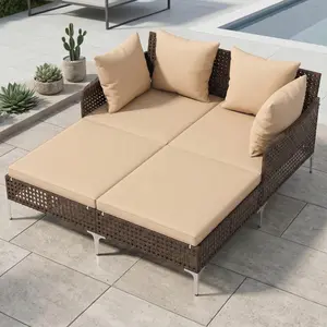 Spaco Outdoor Brown Rattan Double Daybed Wicker Chaise Lounge – Weather-Resistant Wicker Furniture for Patios, Backyards, and Poolside, a Comfortable and Stylish Outdoor Seating Solution