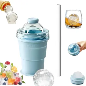 Collapsible Silicone Ice Ball Maker Cup, 2-in-1 Reusable Portable Ice Sphere Mold with Straw & Lid, Easy Demolding, Leakproof Travel Tumbler for Coffee, Juice, Home, Gym, Outdoor (Blue)