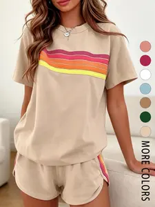 Two-piece women's fashion casual sportswear set, Sporty Comfy Breathable, loose and slim-fit with rainbow striped design, perfect for summer, vacations, indoor, and outdoor wear Womenswear