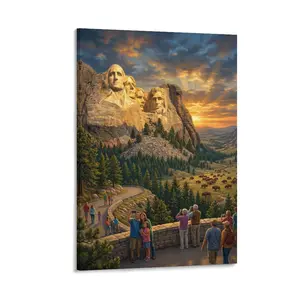Printed Canvas Art, Realistic Mount Rushmore Sunset Scene (Tourists, Bison), Vibrant Wall Decor, Home Decor for Living Room Bedroom Office, Scenic Landscape Artwork
