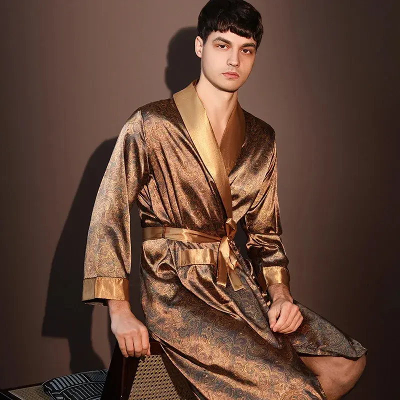 High Quality Nightrobes Men Summer Thin Bathrobe Large Size Ice Silk Printed Pajamas One-piece Robe Male Loungewear Gents Spring Loose Menswear Sp2003-515 Polyester Material Nightwear Long Sleeve Tropical Style Clothes Gamis