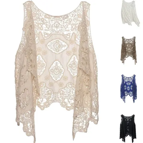 Tanming Womens Crochet Lace Vest - Sleeveless Open-Front Hollow-Out Cardigan Beach Cover-Up - Spring Summer Fall Daily Vacation Festival