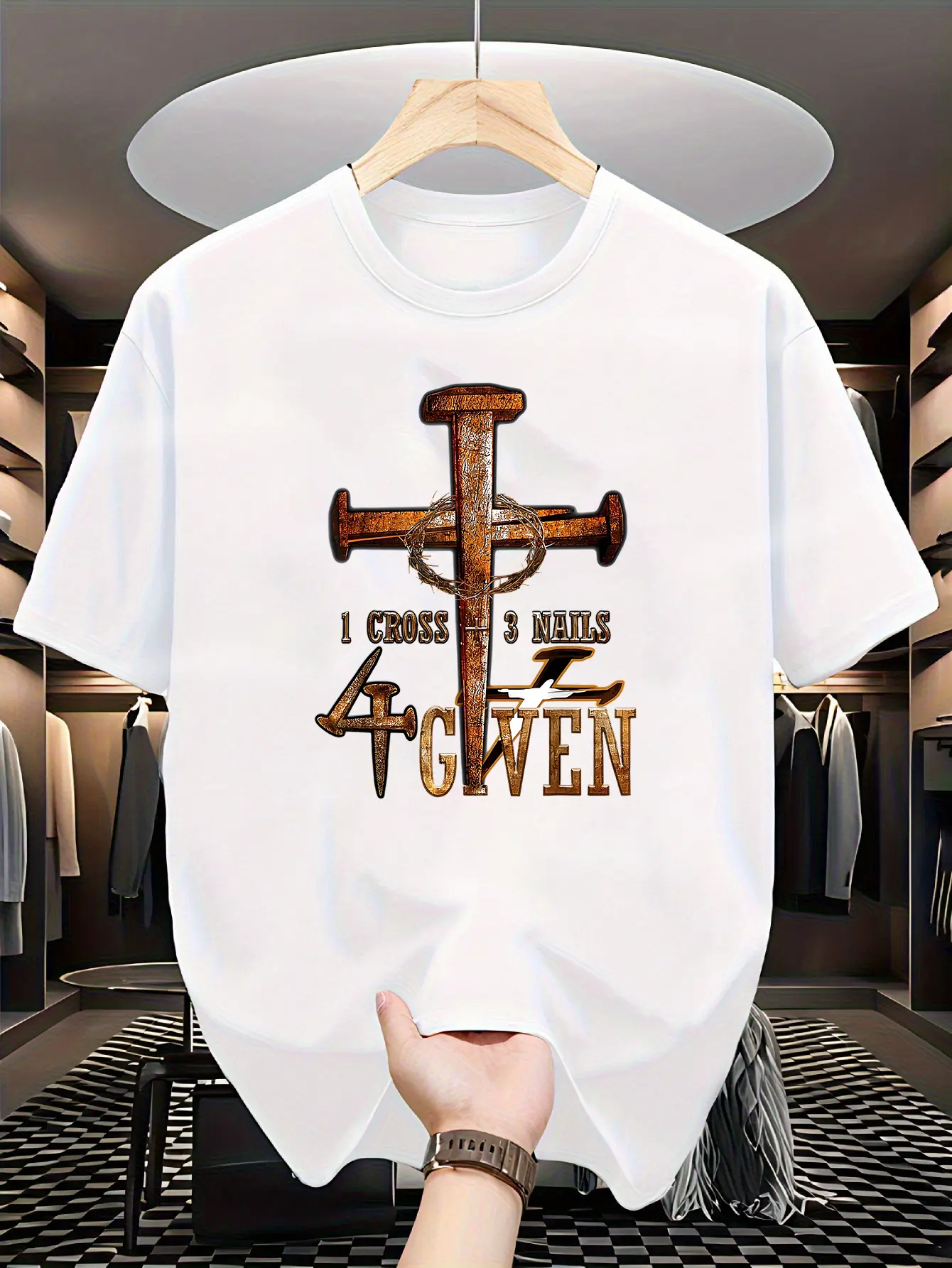 Men'S Christian Faith T-Shirt with "1 Cross 3 Nails 4 Giving" Design - Black & Golden Religious Graphic Tee, Casual Crew Neck Short Sleeve, All-Season Comfort for Church, Casual Attire & Christian Events - Unisex Adult & Youth Sizes Available