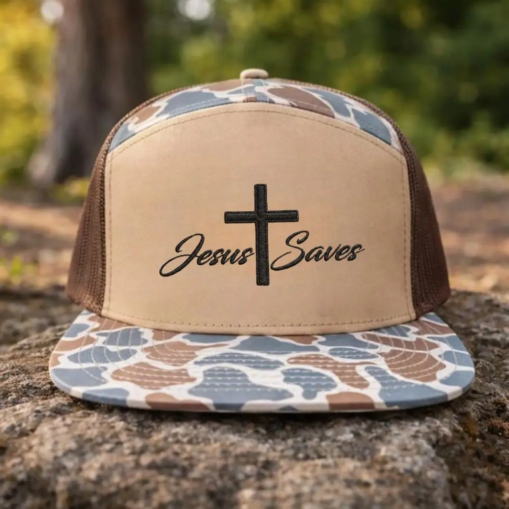 Black/White Jesus Saves Camo Embroidered 7- panel Trucker Hat – Embroidery Cross Snapback Cap, Faith-Inspired Outdoor Casual Hat, Southern Style Workwear Cap for Men and Women, Christian Gift, Religious Gift