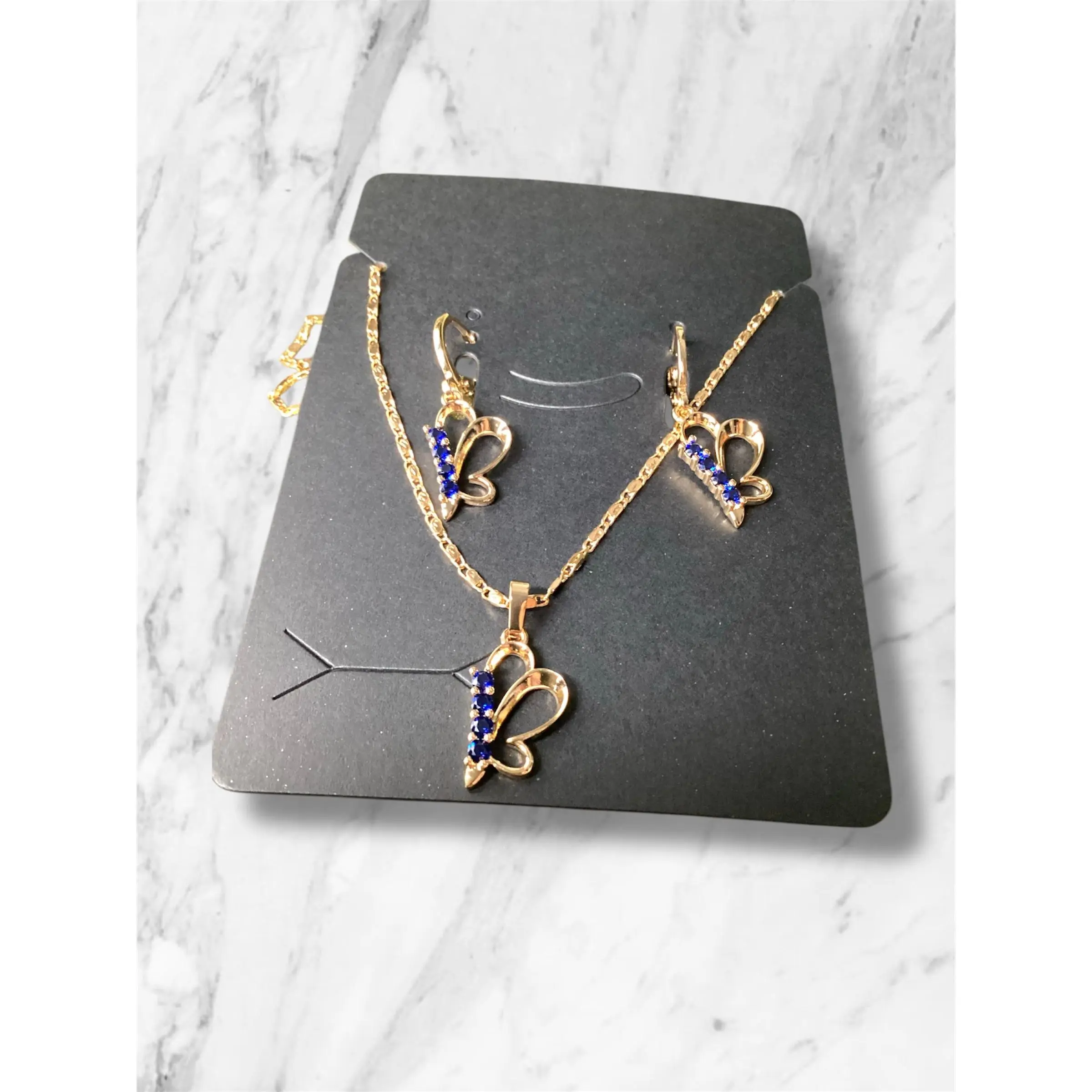 Half Butterfly 14k Gold Plated Set - Navy Blue Rhinestones Necklace & Earrings for Women
