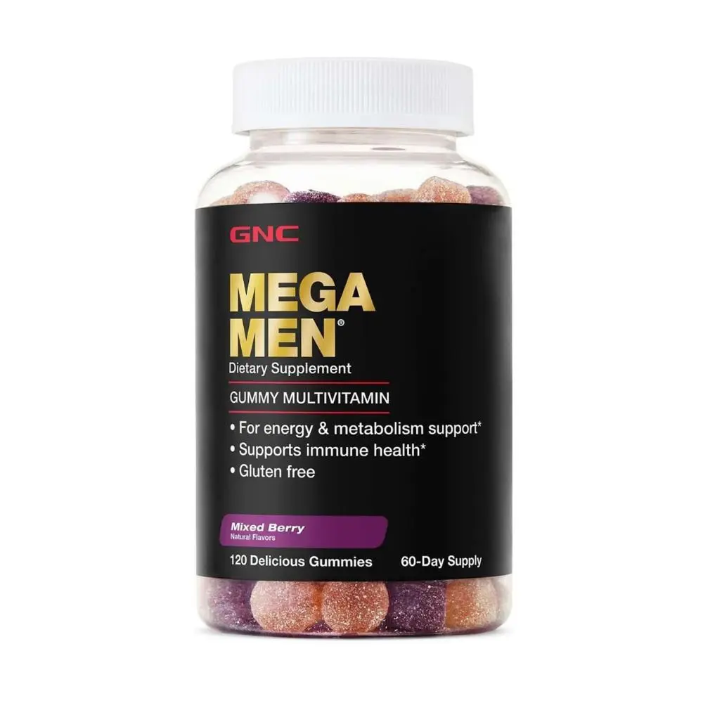 GNC Mega Men Chewable Multivitamin Gummies - Mixed Berry Flavor, 120 Count, Gluten-Free Natural Daily Vitamins Supplement for Adults, 100% DV Nutrition, 7 Vitamins and Minerals for Metabolism, Energy Boost