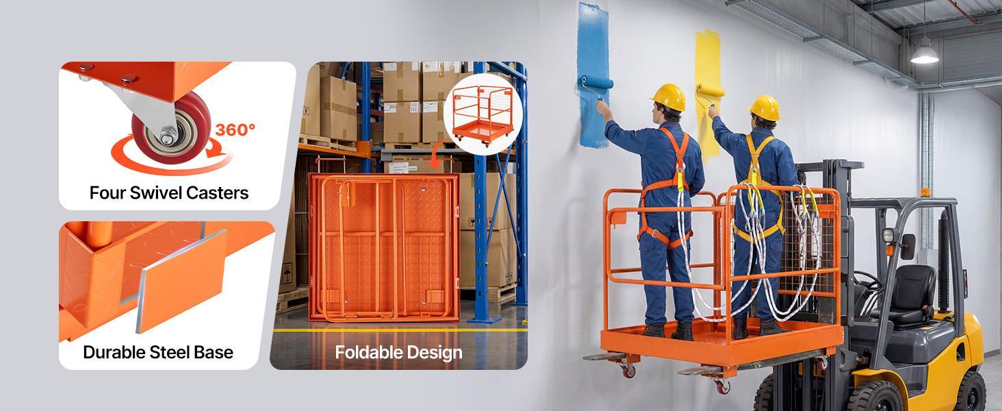 VEVOR Forklift Safety Cage, 36.6 x 36.6 Inch, Forklift Man Basket with 4 Wheels, 1200 lbs Capacity, Heavy Duty Work Platform, Collapsible Lift Basket Safety Set, for Most Aerial Jobs Lifting Loader