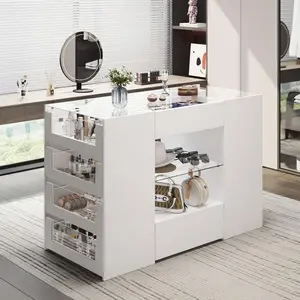 Bedroom Island, Closet Island With 12 Drawers, White Dresser With Glass Top, Walk-In Closet Island For Bedroom, Cloakroom