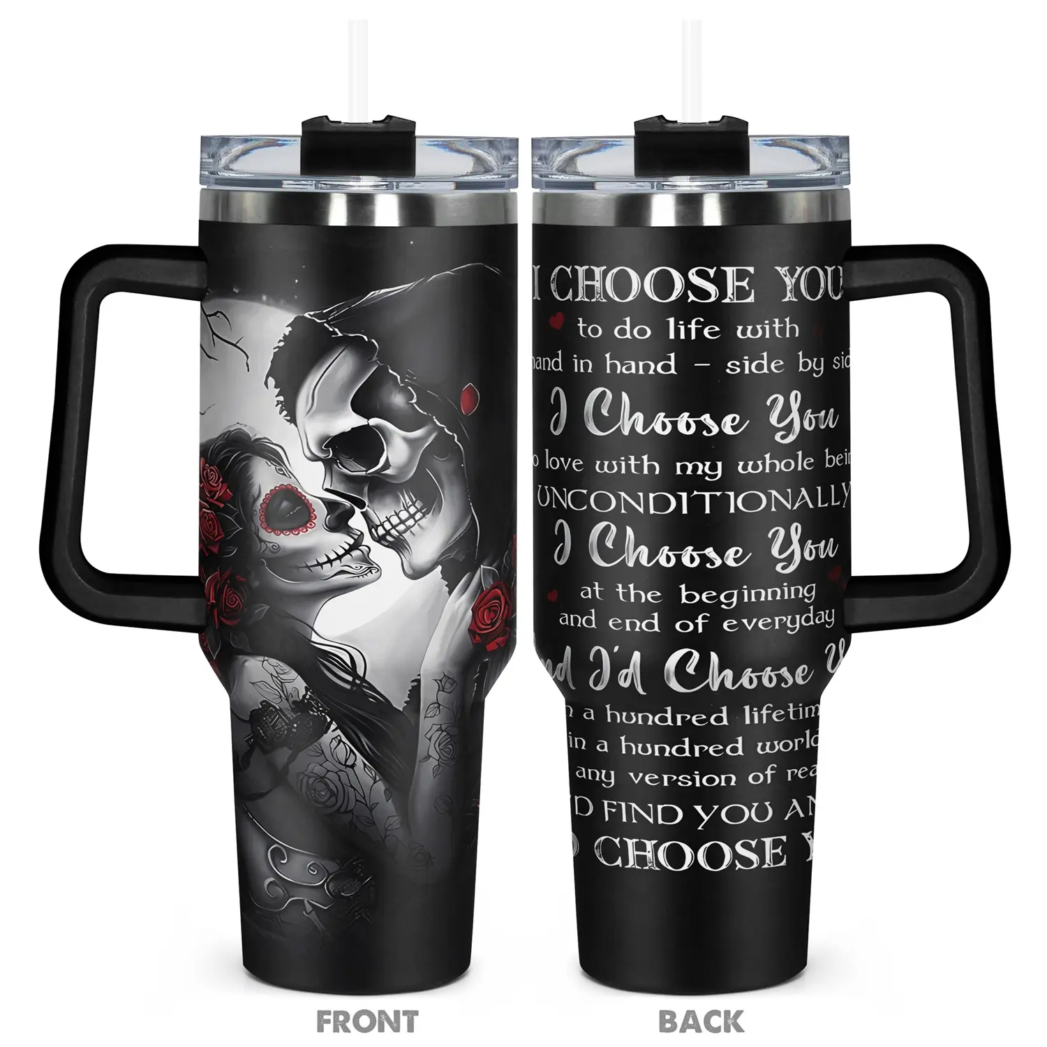 1pc, Gifts for Skull Lover 40oz Vacuum Insulated Tumbler with Lid, Skull And Rose Funny Print 40oz, Insulated and Durable, Gift for Any Occasion: Birthdays, Holidays, Sippy Cup Straw Sublimation Cup The Ordinary Water Bottle, or Coworkers, cup, bottle