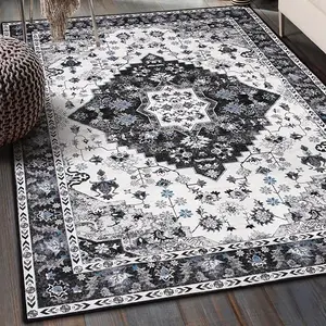 LOCHAS Low Pile Chenille Rug Durable Non-Slip Carpet for Living Room, Modern Boho Home Decor Luxurious Floral Print