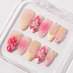 S61 Nailed by Vibe - 3D Tropical Hibiscus Press-On Nails, Shell Carving Art, Pearl & Starfish Charms, Gradient Pink & Yellow Tones, Summer Beach Vibes, Gift for Her