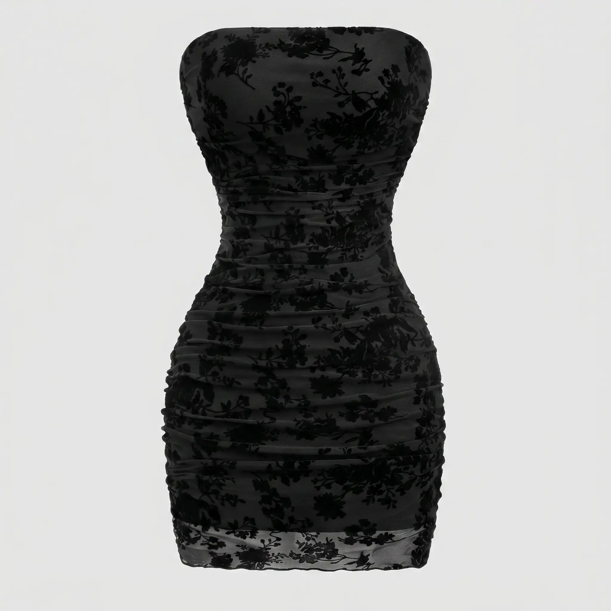 Women Floral Bodycon Mini Dress, Sleeveless Slim Fit Ruched Summer Club Party Dress, Elegant Black Casual Outfit