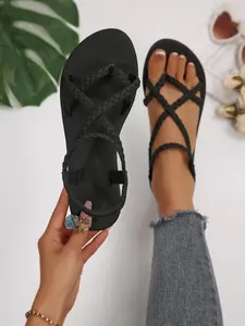 Women's Fashion Sandals, Elegant Weave and Cross Strap Design, Rubber, Comfortable and Versatile, Suitable for All Occasions, Multiple Color Options