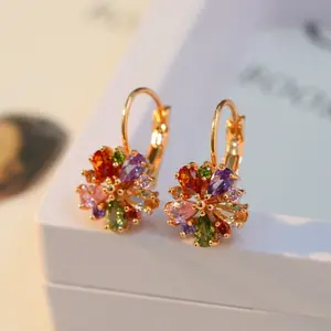 Elegant Sparkling Colorful Cubic Zirconia Flower Decor Earrings For Teen Girls Stainless Steel Ear Needle Over 15 Years Old GB24731