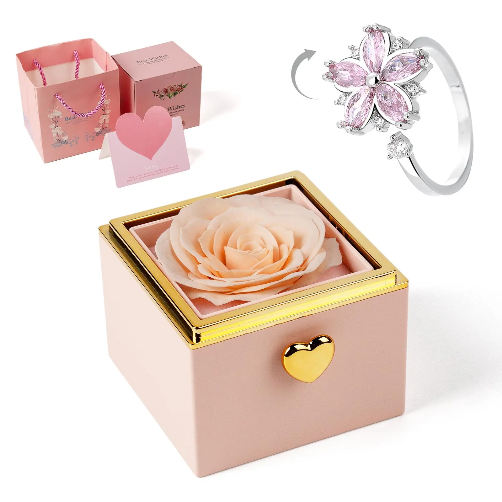 Women's Pink Flower Print Metal (Copper Alloy) Hidden Box Costume Jewelry Set - Ring, Necklace with Creative Reveal Lid, Mother's Day Anniversary Gift Box for Girlfriend
