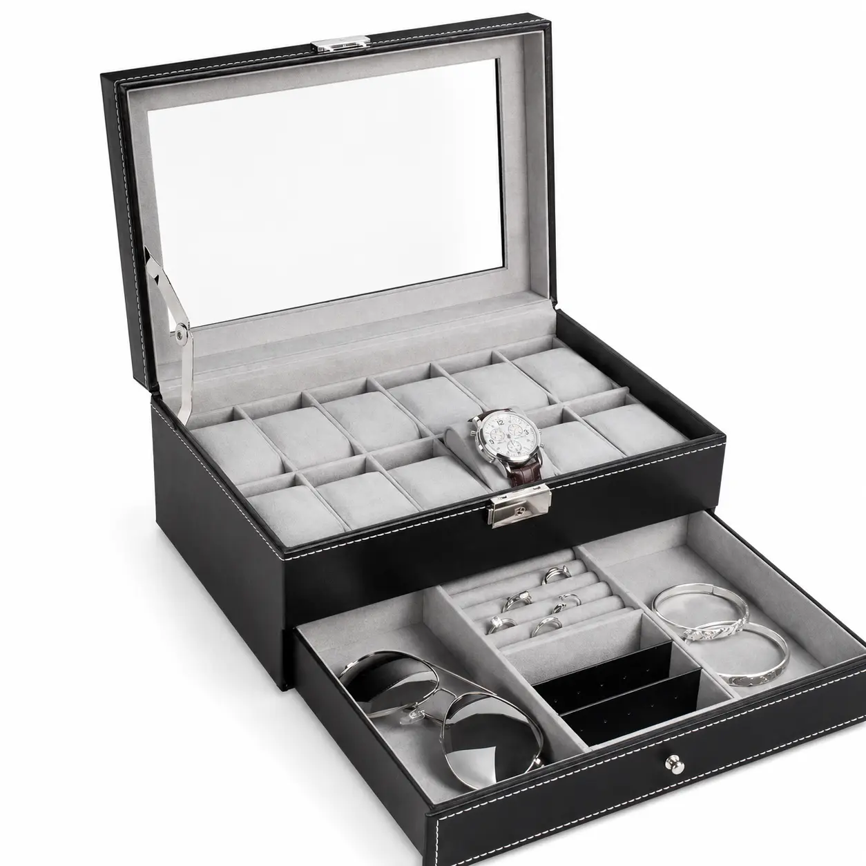 12-Slot 2-Layer Watch Box with Clear Lid & Drawer, PU Leather Watch Organizer and Jewelry Storage Case for Watches, Rings, Bracelets, Glasses & Accessories, Ideal Gift for Men & Women