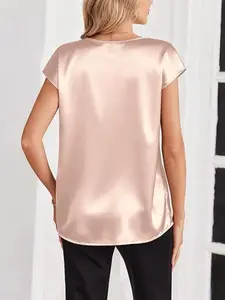 2026 Women Silk Satin Tops Cap Short Sleeve Blouse V Neck Shirts Business Casual Outfits hot