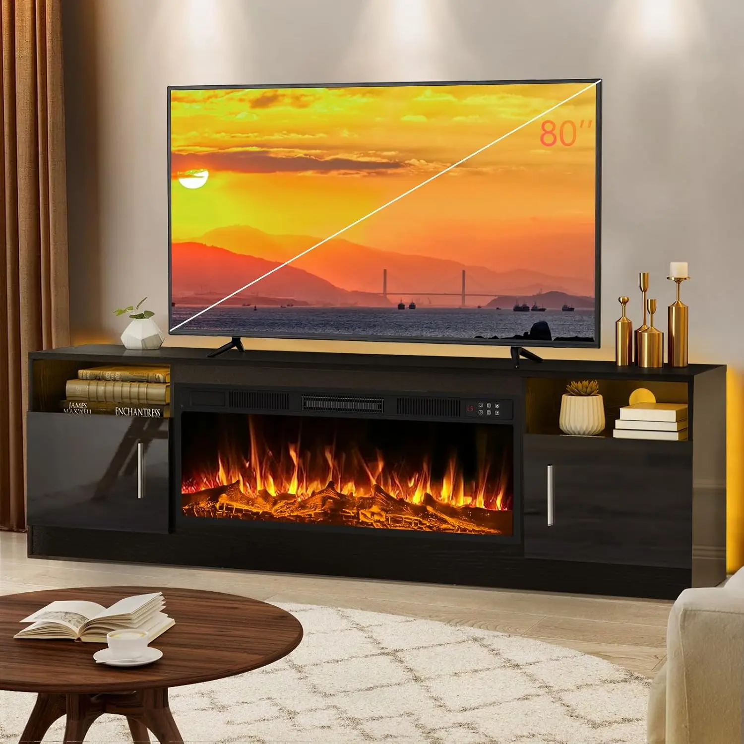 PUKAMI Fireplace TV Stand Entertainment Center with 36" Fireplace, 70" Wooden TV Stand for TVs Up to 80",Media TV Console with High Gloss Storage Cabinet and 16 Colors LED Lights