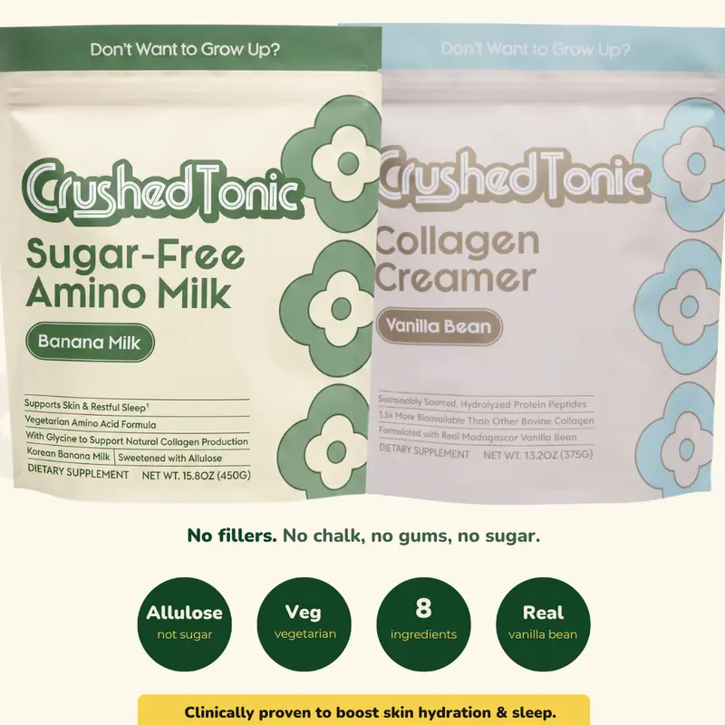 Crushed Tonic Vegetarian Glycine- Banana Milk & Vanilla Bean - Coffee, Matcha & Hojicha - Hydrolyzed Marine & Bovine Collagen Peptides for Skin, Hair & Nails - Gluten Free Non-GMO - K-Beauty Ingestible Skincare