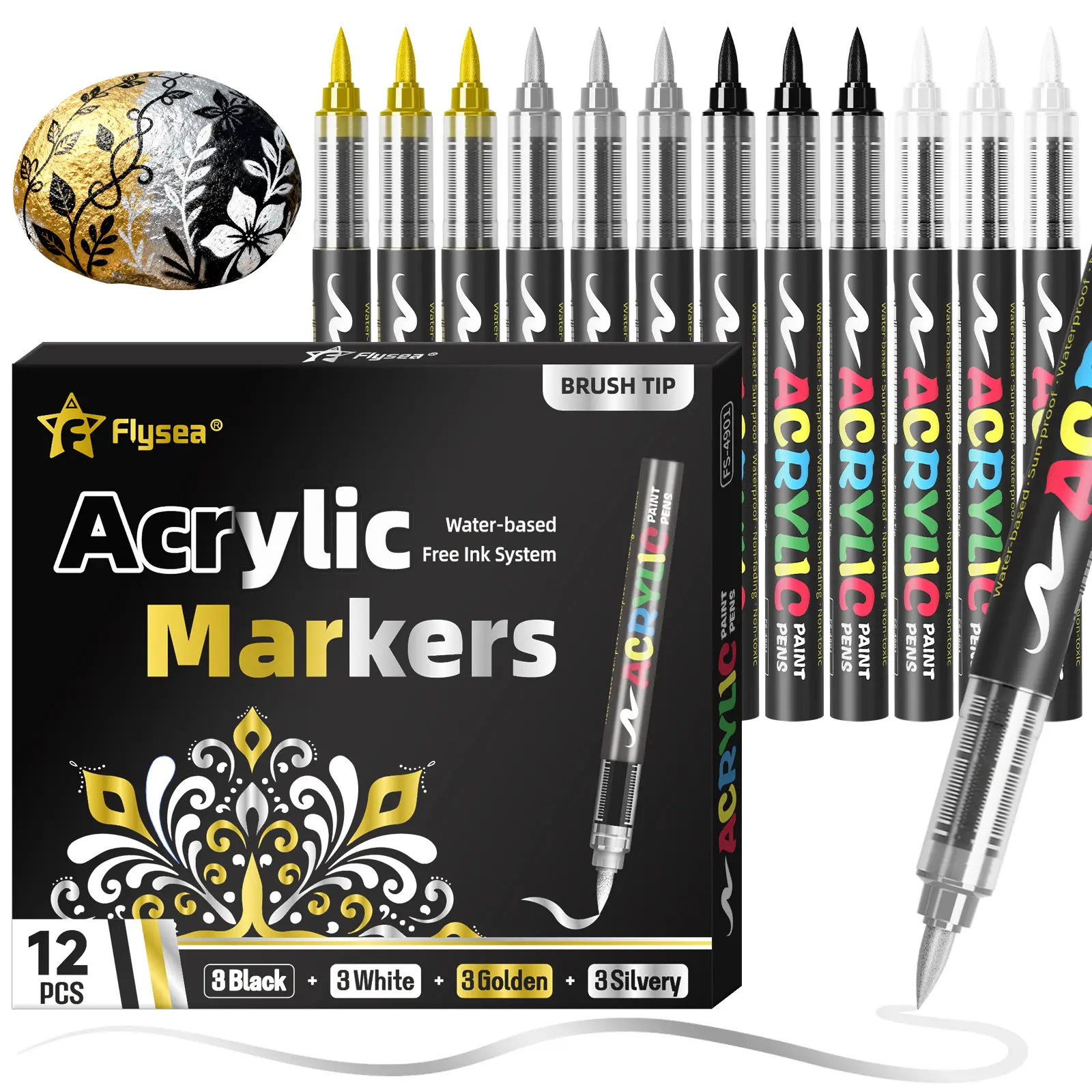 12-Pack (Gold, Silver, Black, White) Refillable Acrylic Markers, Paint Markers, Acrylic Painting Pen, Felt Tip Pens Stationery Set, Art & Craft DIY, Drawing Tools, School Supplies, Suitable for Artists