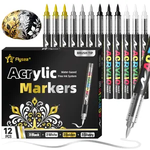 12-Pack (Gold, Silver, Black, White) Refillable Acrylic Markers, Paint Markers, Acrylic Painting Pen, Felt Tip Pens Stationery Set, Art & Craft DIY, School Supplies, Suitable for Artists