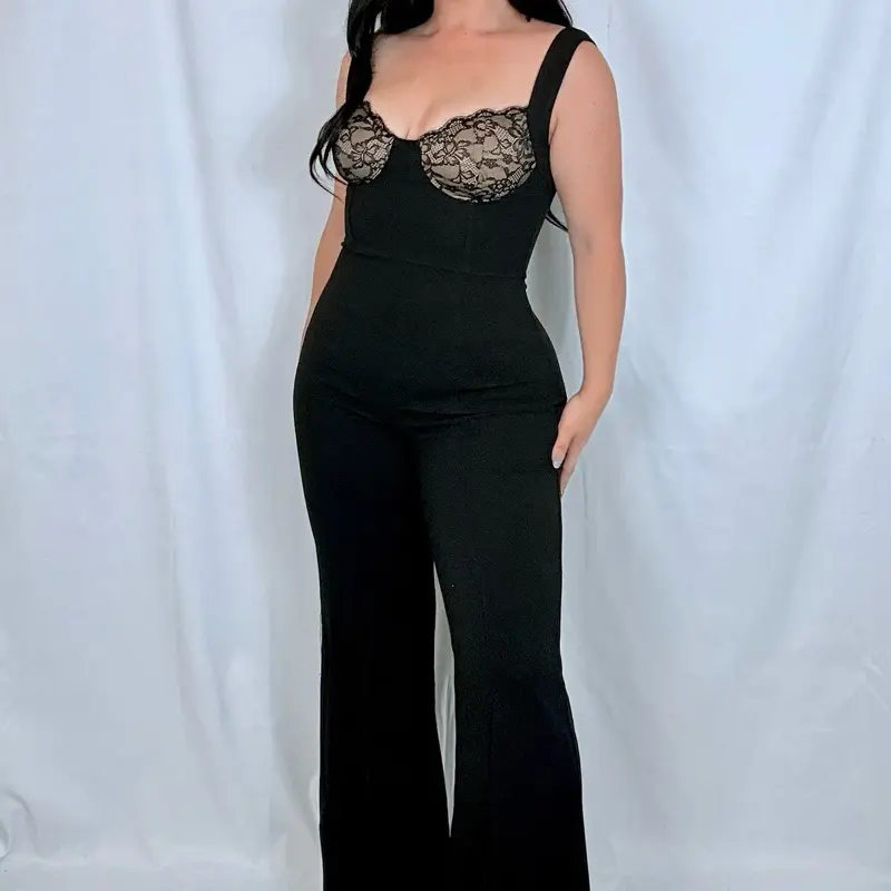 Elegant Black Jumpsuit with Lace Detail and Flared Pants for Women
