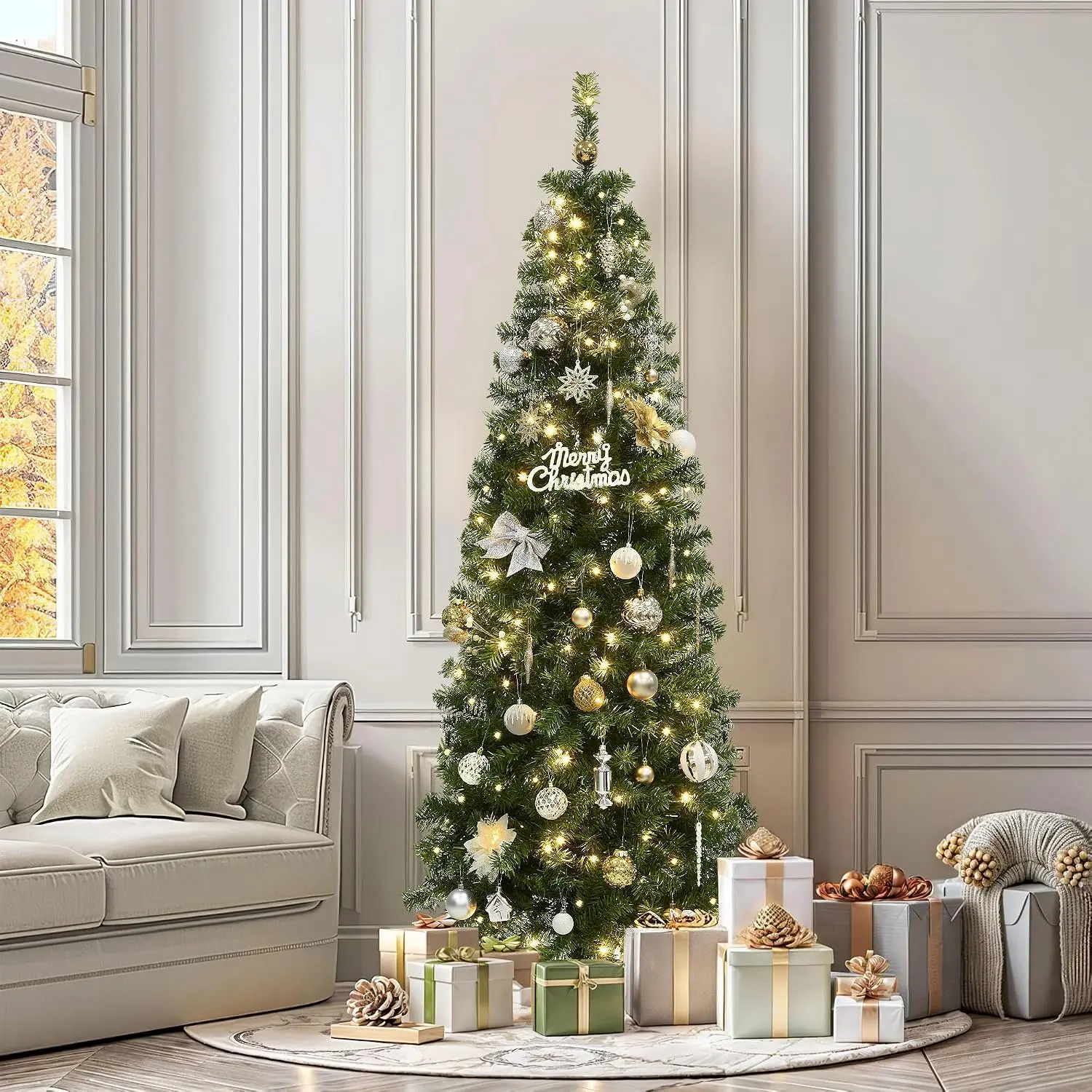 YITAHOME Pre-Lit Artificial Pencil Christmas Tree 6/7.5ft with Remote, Fraser Fir, Slim Green Christmas Tree with 700 Branch Tips and 200 Lights