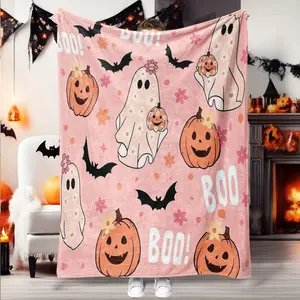 Cute Halloween Ghost Pumpkin Flannel Blanket, Soft Lightweight Warm, Perfect for Bed Sofa Office Camping Travel, Ideal Gift