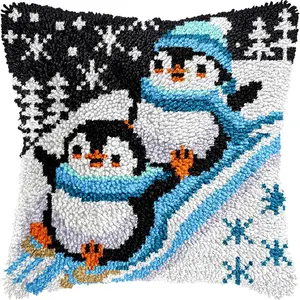 Christmas Skiing Penguins Latch Hook Kits for Adults Beginners, Cute Animals Winter Pre-Printed Latch Hook Pillow Rug Kit Cross-stitch Cushion for Home Sofa Decor Gift 17x17 in.
