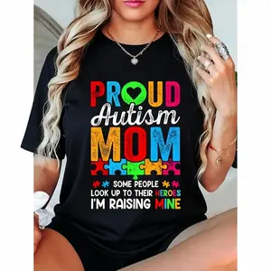 [Autism Support Tee] Autism Awareness T-Shirt | Autism Mom Raising Mine Hero, Colorful Puzzle Piece & Heart Design, Soft Breathable Fabric, Regular Fit Short Sleeve Tee for Women & Men