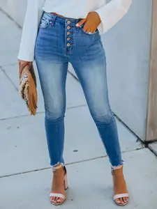 1 Piece Basic High Waisted Button Fly Frayed Hem Skinny Denim Jeans, All seasons Stretchy Slim Fit Ankle Length Pants, Streetwear Womenswear for Women Pocket