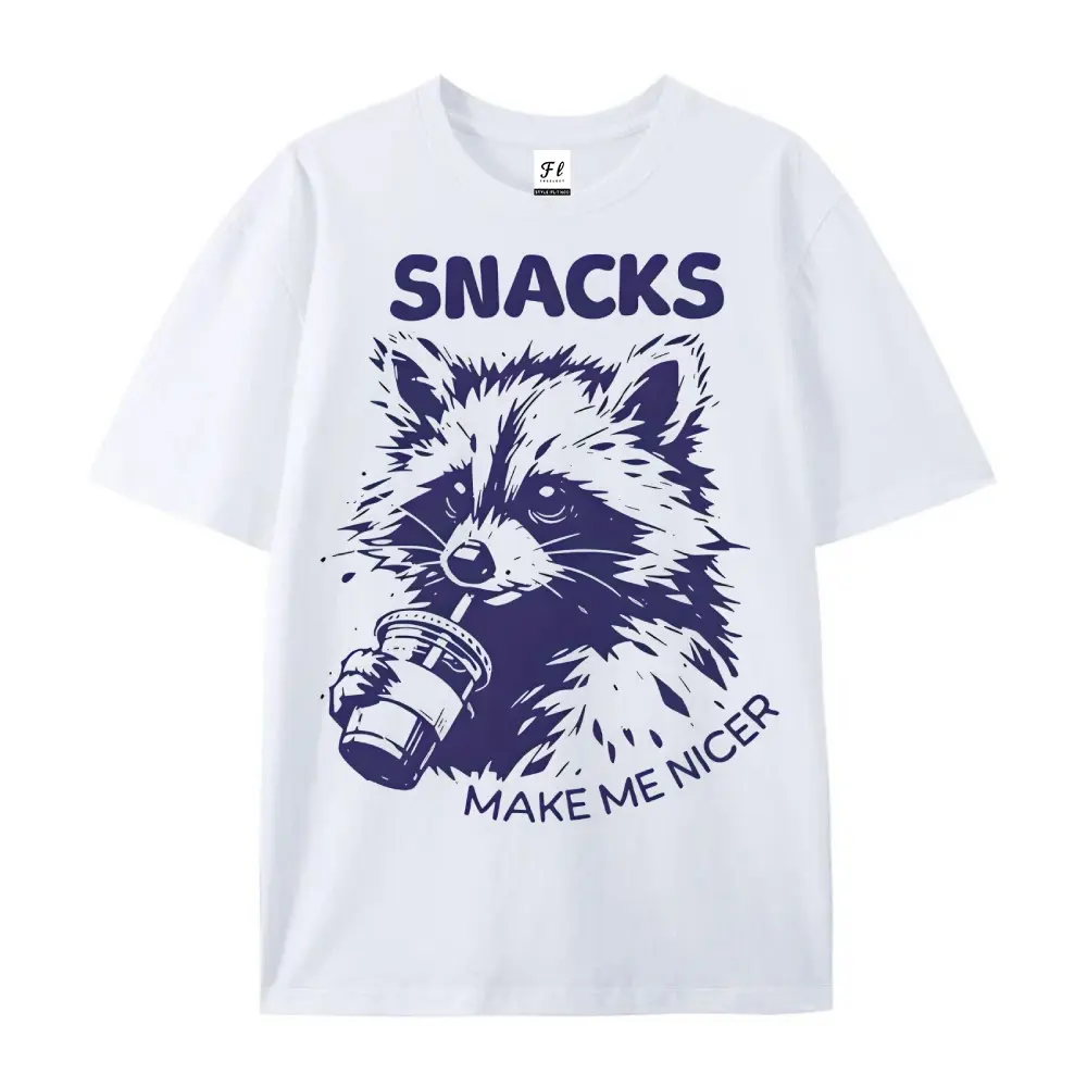 Snacks Make Me Nicer Raccoon Graphic Tee, Funny Raccoon Lover Comfort Outfit, Oversized Cute Snack Lover Fashion Top, Perfect Gift For Him Her