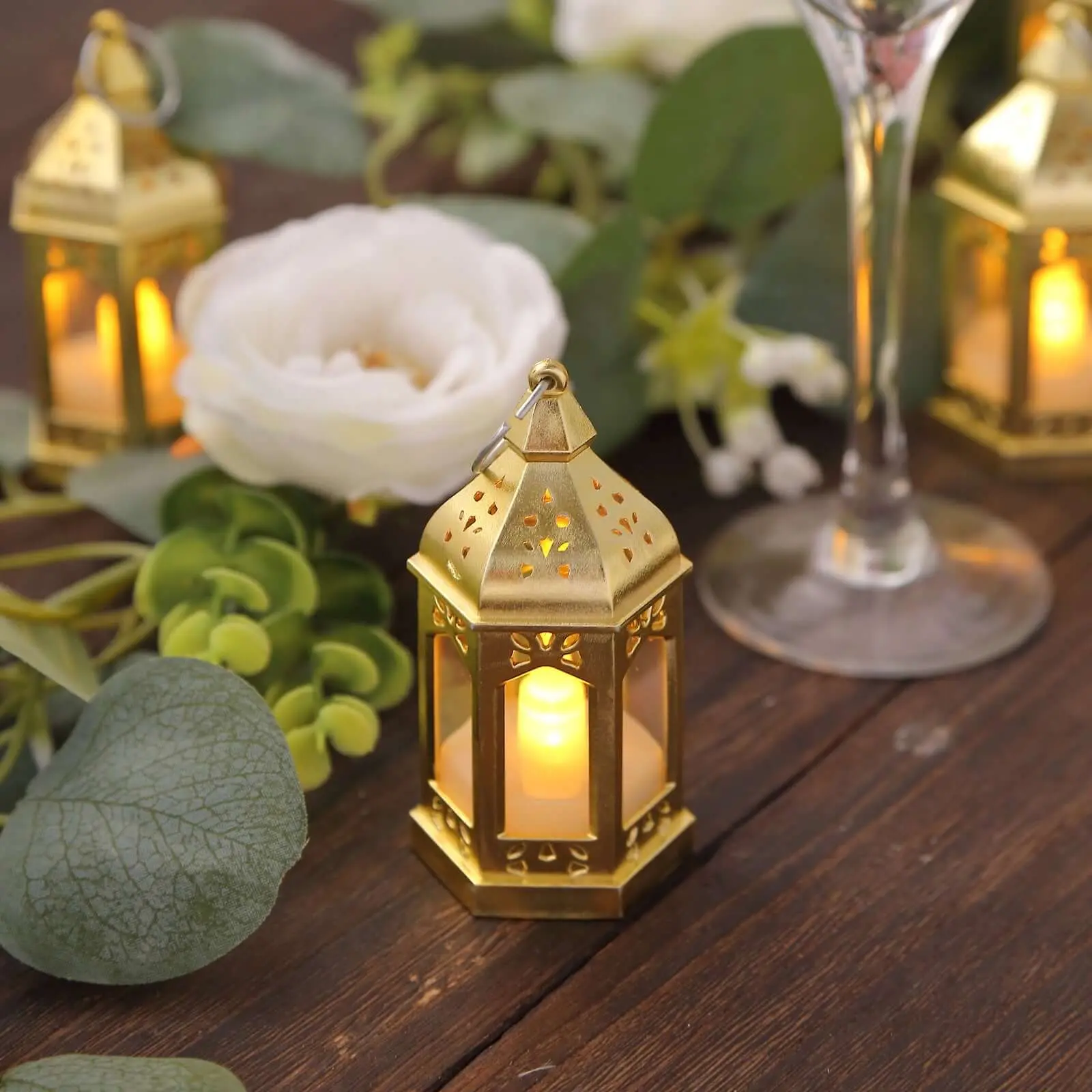 6-Pack LED Mini Lanterns Gold 3.5" Moroccan Style Warm White - Flickering Tealights Battery Operated Candle Lamp Centerpieces