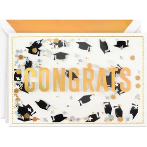 Graduation Card (Congrats, Black and Gold Confetti) for High School, College, University | Gift Card with Envelope