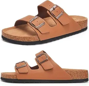 Womens Flat Sandals Cork Footbed Slides 2 Straps Adjustable Buckle Slip On Summer with +Comfort Shoes