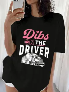 Exclusive Trucker Girlfriend Print T-Shirt Top, Truck Theme Short Sleeve, Casual Style Loose-Fitting Summer Wear for Women, Streetwear