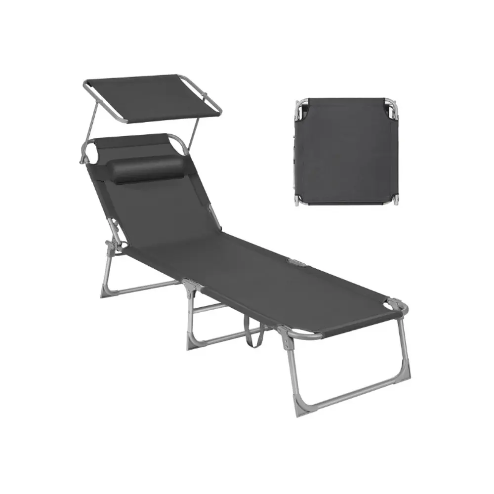 SONGMICS Outdoor Lounger, Single Seat Rectangular Fabric & Steel Patio Chaise Lounge Chair, Folding Pre-Assembled with Canopy, Headrest & Adjustable Backrest, 76x20.9x11.4 In, 330 lb Capacity
