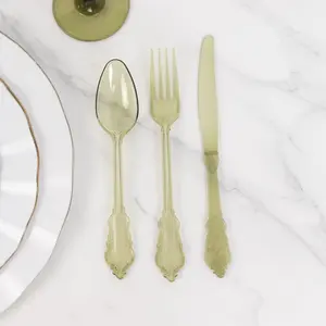 72 Pcs Plastic Silverware Set Transparent Dusty Sage Green in Baroque Style - Heavy Duty Disposable Knife, Fork, and Spoon Set