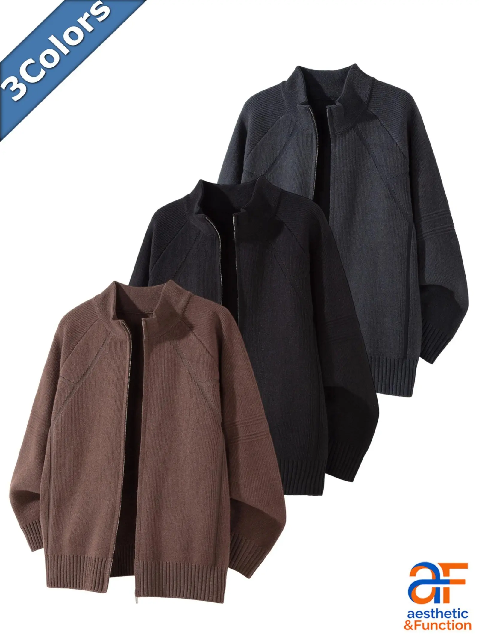 Men's Full-Zip Long Sleeve Knit Cardigan Sweater - Stand Collar, Heavyweight Polyester-Acryl Knitwear, Relaxed Fit, Vintage Stylish Casual Outerwear, Fall-Winter Warm Menswear Essential Basic Wardrobe Must-Have, Jacket, Coat