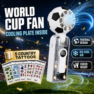 2026 World Cup Themed Handheld Soccer Ball Fan - Semiconductor Cooling Chip, Portable Personal Fan with Adjustable Head, Transparent Mecha Design, Digital Battery Display, LED Lights, USB Rechargeable, Free 5-Country Tattoo Stickers Gift