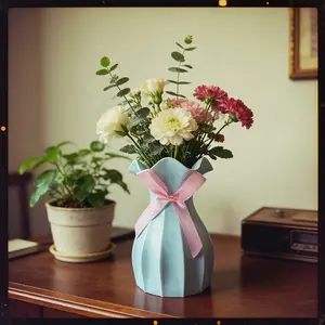 Macaron Blue Ruffled Plastic Vase Fairy Skirt Bow Design Modern Home Decor Centerpiece for Table Living Room Lightweight Durable Thickened Eco-Friendly Material Wide Mouth Rental Apartment Essential