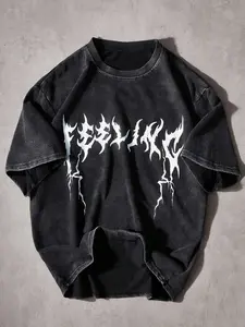 Vintage Soft Short Sleeve T-Shirt, Feeling Metal Font Print, Dark Gothic Aesthetic, Loose Fit Streetwear, Y2K Cool Casual Top, Fashion, Menswear