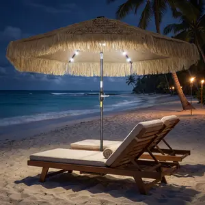 9 ft Khaki Hula Thatched Tiki Patio Umbrella - LED Solar Light, Crank, Tilt, UPF30+ Outdoor Parasol - Ideal for Tiki Bars, Poolside - Sun Protection, Nighttime Ambiance