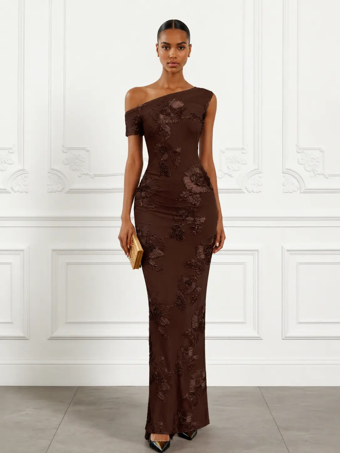 FEHAUTE Women's Floral Applique 1-Shoulder Bodycon Gown, Stretch Mesh Embellished Formal Dress for Cocktail & Evening Parties
