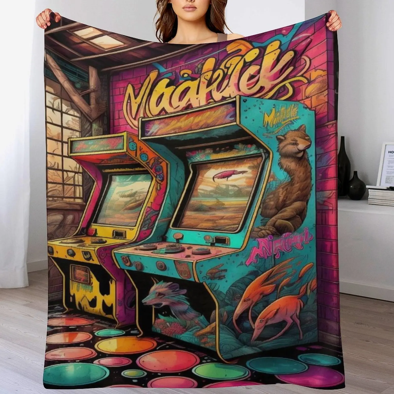 Retro Arcade Machine Graffiti Fleece Blanket, 90s Vintage Video Game Throw Blanket, Soft Flannel Street Art Blanket for Bed Couch, Unique Gamer Gift for Teens, Colorful Arcade Room Decor