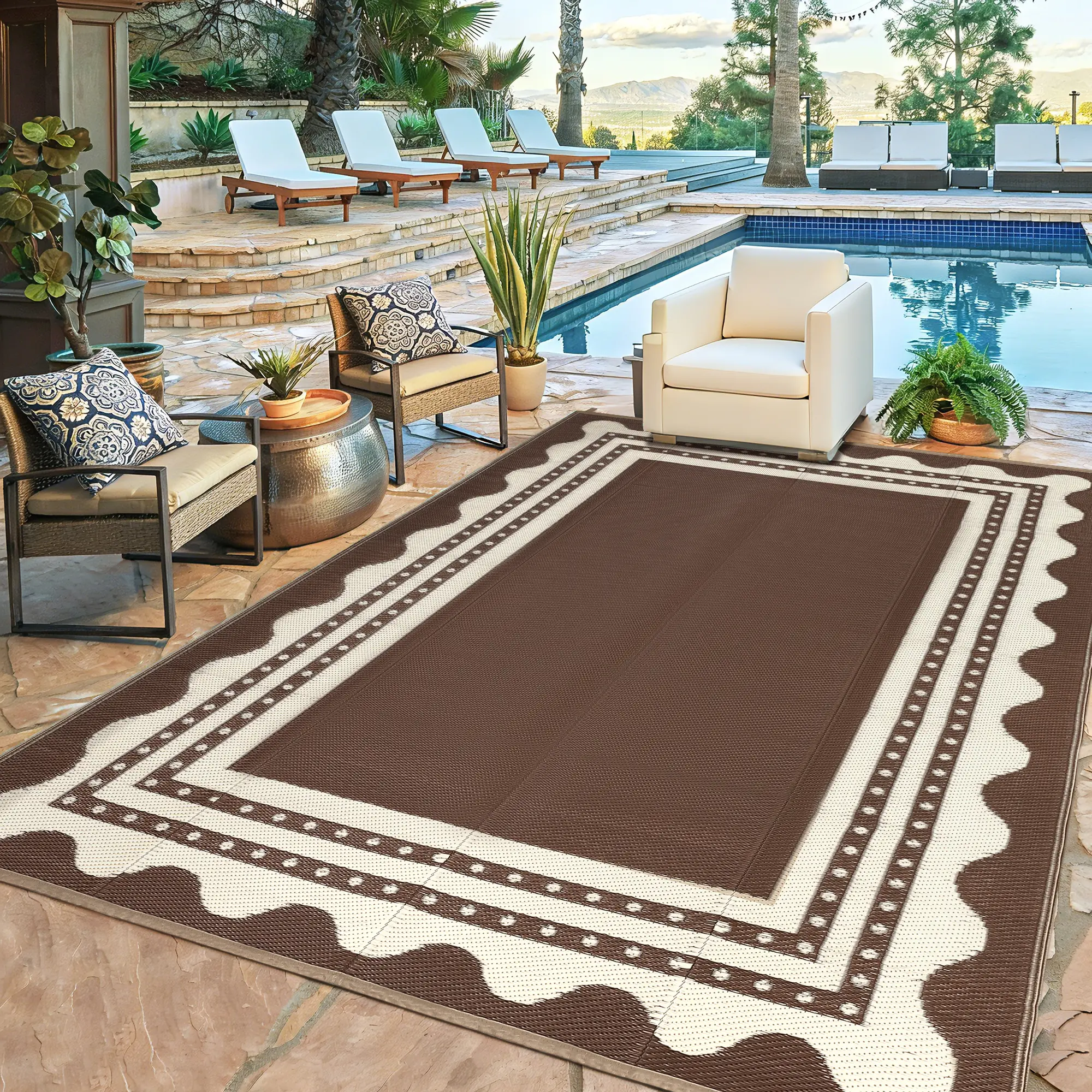 Garvee Large Modern Fan-Shaped Border Geometric Outdoor Rug, Double-Sided Reversible Foldable Plastic Straw Rug, Portable Easy-Carry Patio Carpet for Backyard, Beach, Picnic, RV & Camping waterproof patio rug