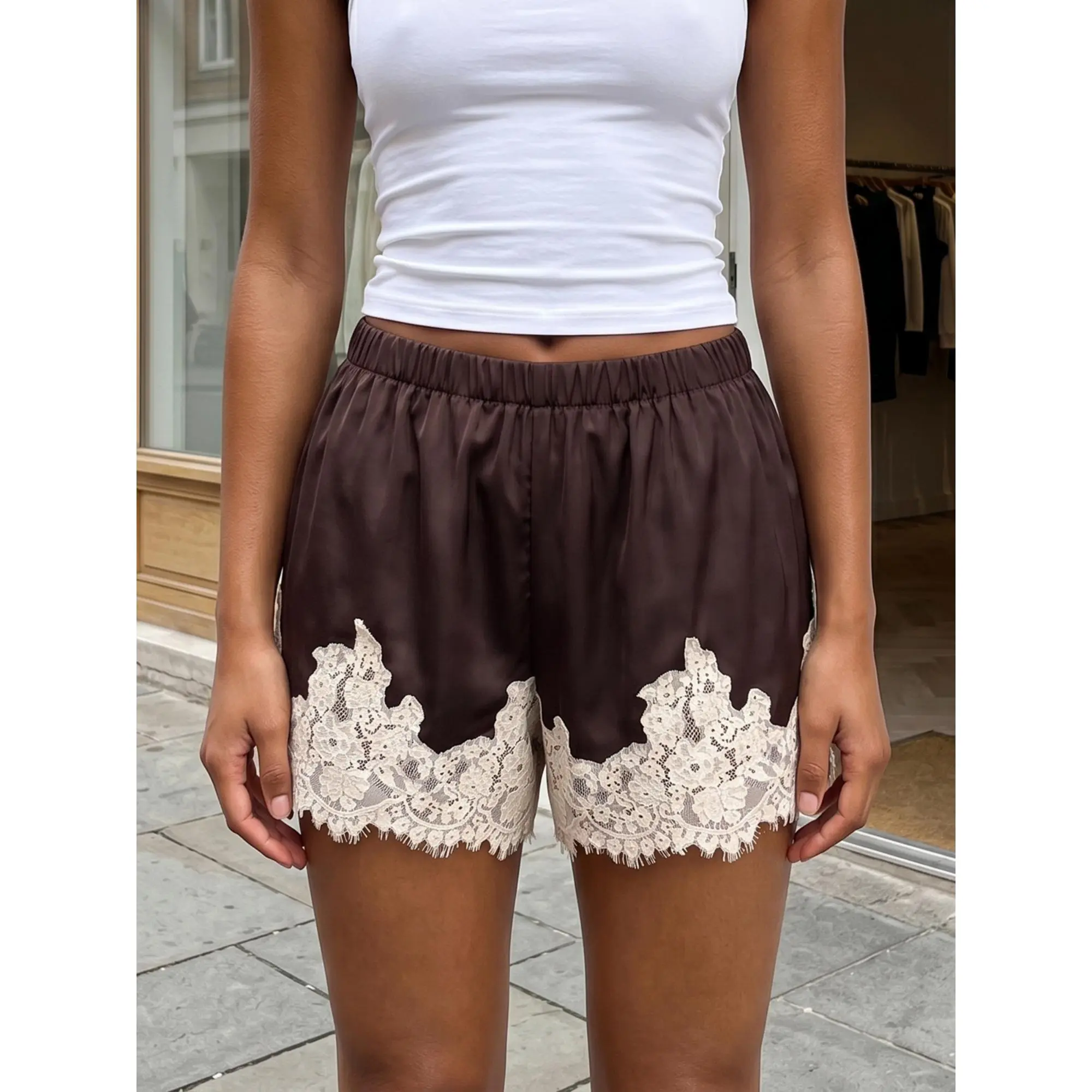 y2k Lace Trim Shorts Women's Stylish Elastic Mid Rise Loose Fit Shorts for Summer