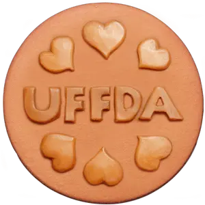 273 UFF DA Rycraft 2" round Cookie Stamp with handle and glaze, for decorating cookies, chocolate, fondant as well as paper and clay crafts. Handmade in the USA since 1968.