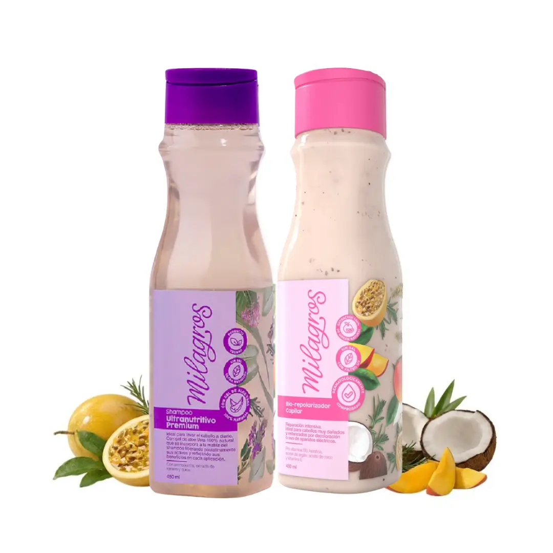 Milagros Kit 2 Pack Shampoo Ultranutritivo & Biorepolarizador - Keratin Repair Shampoo with Rosemary & Cinchona, Detangling Hair Mask Coconut 450ml, Non Toxic, Adults, Any, Cruelty Free