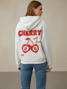 women's cherry & letter print drop shoulder hoodie, trendy fashion casual drawstring pocket hooded sweatshirt for holiday outdoor wear, limited edition, women clothing, going out tops, graphic hoodie, womenswear